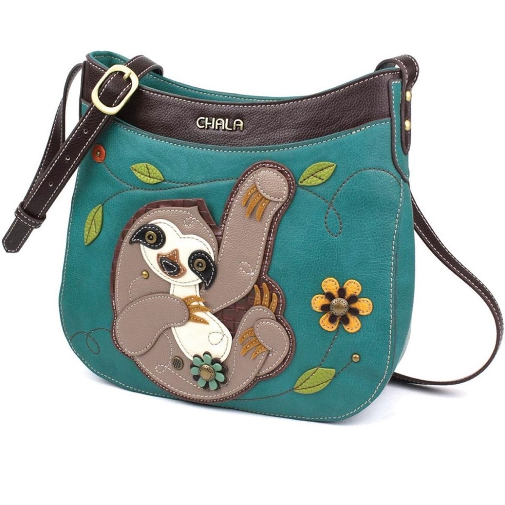 NWT Chala Turquoise Sloth Crescent Crossbody Bag with Brown Trim